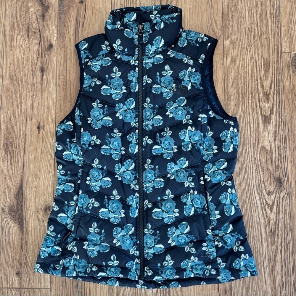 North Face Womens 550 Down Puffer Vest Size Small In Navy Floral